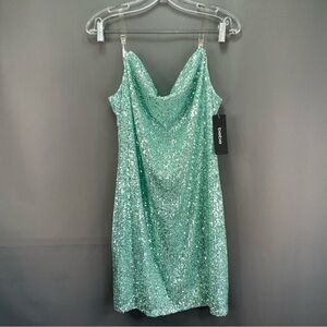 BEBE mint colour sequin slip dress draped midi with clear straps clubbing mini